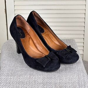 Clarks Artisan Society Bristol Black Suede Bow Pumps Patent Trim Heels Size 10 M